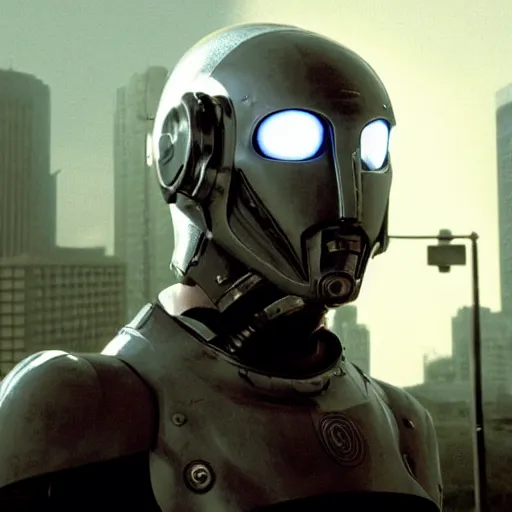 Image similar to movie still of a man with a cyborg leon helmet, cinematic composition, cinematic light, by edgar wright and david lynch