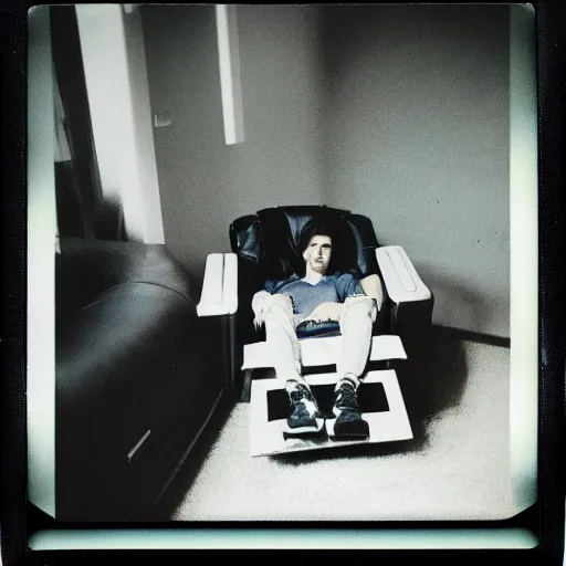 Image similar to Polaroid of Tom Cruise sitting in recliner with remote control 1983