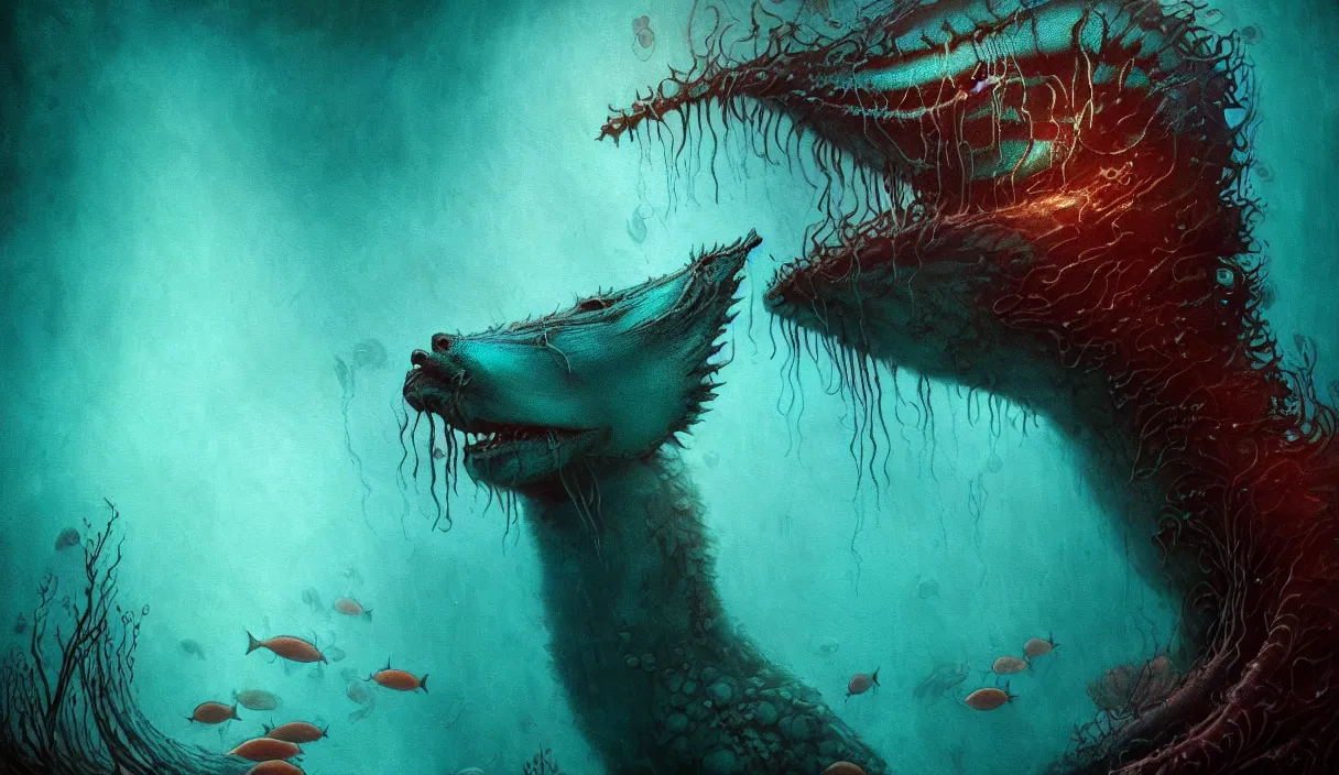 Prompt: epic professional digital art of hungry eyes, ambient teal light, painted, mysterious, closeup cinematic aquatic life scene, eerie, mythic, detailed, intricate, grand, leesha hannigan, wayne haag, reyna rochin, ignacio fernandez rios, mark ryden, van herpen, artstation, cgsociety, epic, stunning, gorgeous, wow wow detail