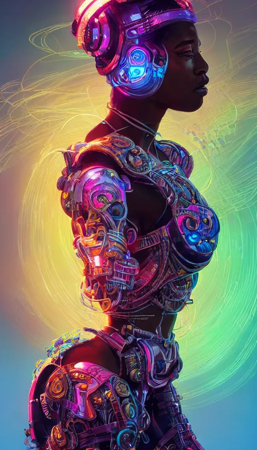 Image similar to zulu cyborg princess,covered in neon wire, insane, intricate, highly detailed, digital painting, artstation, concept art, smooth, sharp focus, illustration, Unreal Engine 5, 8K, art by artgerm and greg rutkowski and alphonse mucha