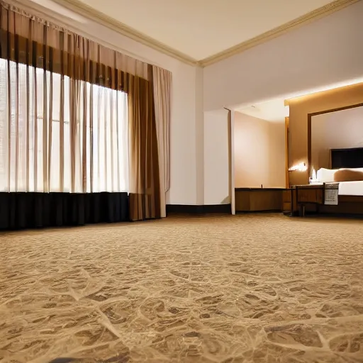 Image similar to hotel floor that's impossible to get to, beige walls, beige lighting, fancy details, windows, night time, window to night time city, 2 4 0 p photograph