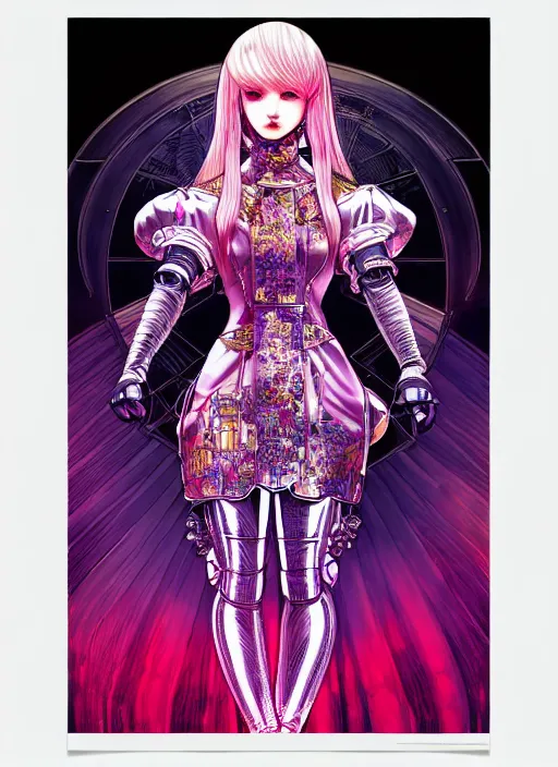 Prompt: highly detailed terada katsuya artgerm artstation shinny fluorescent gradient reflection minaba hideo manga poster of princess mechine, long hair, armor, dress, laces, ruffles, 8 k, maximalist, jump comics, tomer hanuka, alphonse mucha