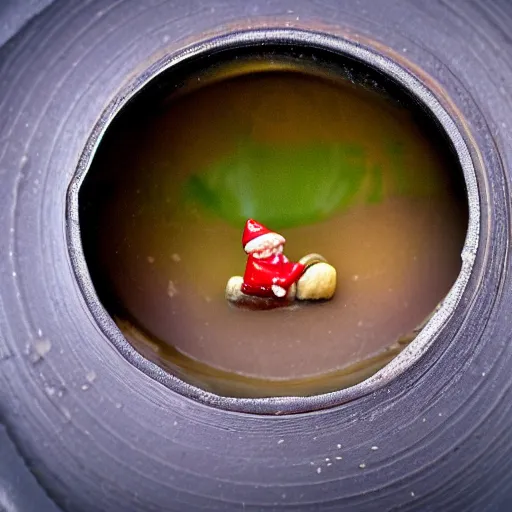 Prompt: garden gnome inside gravy, DSLR 15mm, macro photo