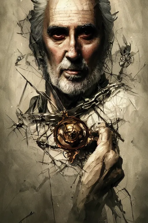 Prompt: christopher lee, evil sorcerer, lord of the rings, tattoo, decorated ornaments by carl spitzweg, ismail inceoglu, vdragan bibin, hans thoma, greg rutkowski, alexandros pyromallis, perfect face, fine details, realistic shaded