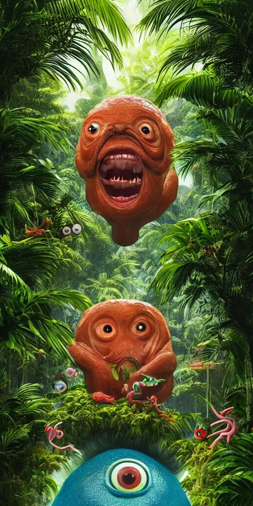 Image similar to of a tropical rainforest lake with strange cute friendly happy creatures with huge eyes, mouth, long tongue, round teeth and goofy face, appearing from the treesl, in the style of gehry and gaudi, macro lens, shallow depth of field, ultra detailed, digital painting, trending artstation, concept art, illustration, cinematic lighting, photorealism, epic, octane render