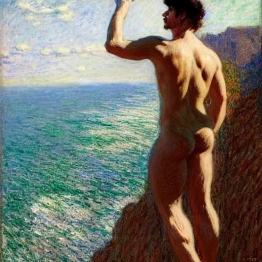 Image similar to an attractive male standing on a cliff, clothed!!!!, looking out at the ocean, by gaston bussiere, craig mullins, j. c. leyendecker, claude monet