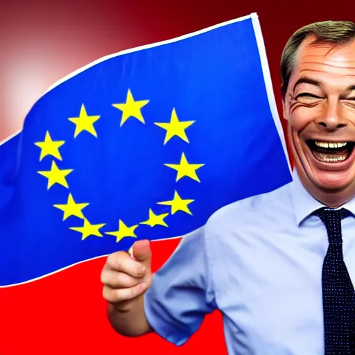 Image similar to nigel farage laughing holding burning eu flag, studio photograph, hd, studio