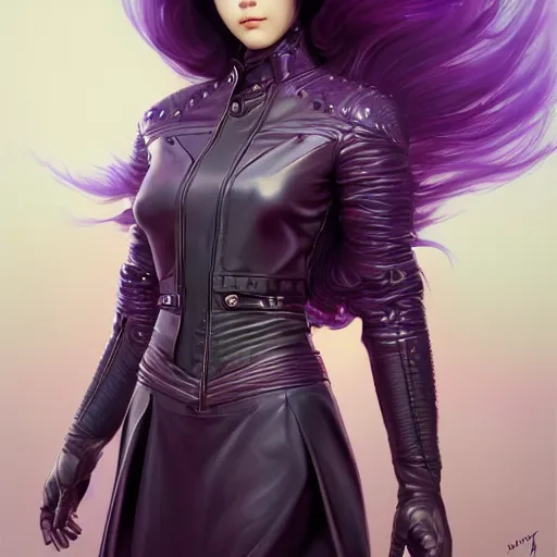 Image similar to portrait of Korean female futuristic short violet leather jacket and skirt expressive pose, intricate, elegant, highly detailed, digital painting, artstation, concept art, smooth, sharp focus, illustration, art by artgerm and greg rutkowski and alphonse mucha