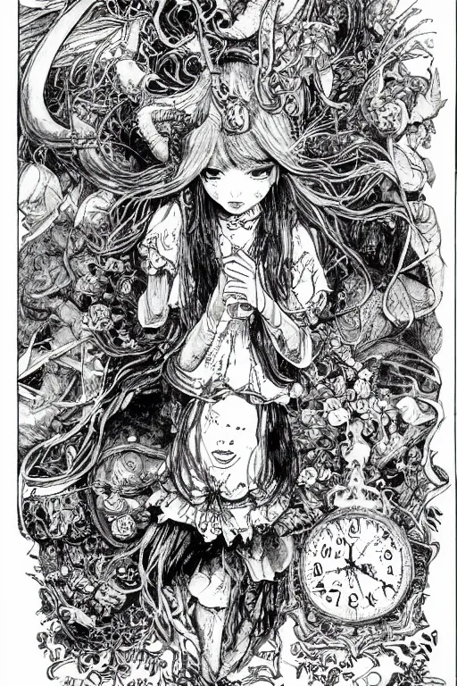 Image similar to Magical Alice in wonderland tarot card , pen and ink, intricate line drawings, by Yoshitaka Amano, Ruan Jia, Kentaro Miura, Artgerm, watercolor