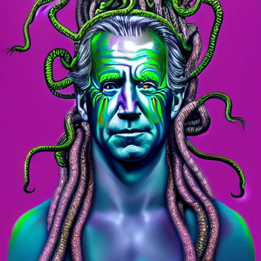 Image similar to an extremely psychedelic portrait of joe biden as medusa, surreal, lsd, face, detailed, intricate, elegant, lithe, highly detailed, digital painting, artstation, concept art, smooth, sharp focus, illustration