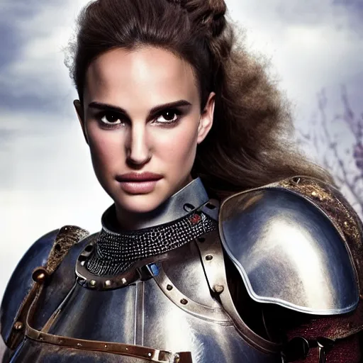 Prompt: head and shoulders portrait of a female knight, young natalie portman, steampunk, straight hair, armored, athletic, vogue fashion photo