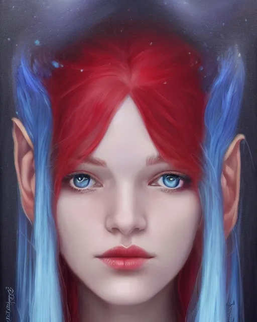 Image similar to A detailed matte oil on canvas head on symmetrical portrait of a beautiful distinguished elven woman with split red and blue hair on an empty background, by Charlie bowater, Wlop, trending on artstationhd, dungeons and dragons art, parted hair , half blue, half red , split dye, critical role