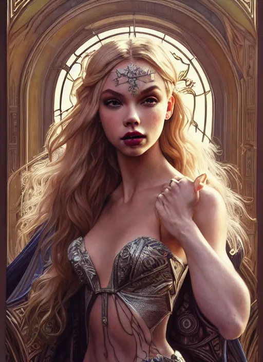 Image similar to ultra realistic illustration, a stunningly beautiful greek gothic goddess of chaos played by jordyn jones and dove cameron and margot robbie and taylor swift and megan fox and adriana lima, intricate, elegant, highly detailed, digital painting, artstation, concept art, smooth, sharp focus, illustration, art by artgerm and greg rutkowski and alphonse mucha