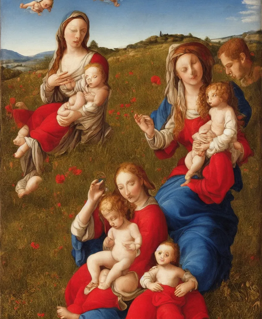 Image similar to Detailed Portrait of Madonna, with infant Jesus and another boy playin in front of her in the style of Raffael. Red hair. They are sitting in a dried out meadow near in Tuscany, red poppy in the field. On the horizon there is a blue lake with a town and blue mountains. Flat perspective.