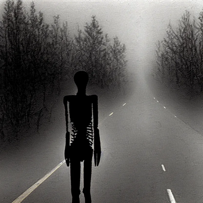 Image similar to 2 0 0 1 camcorder footage of a skinless figure standing silently on the side of a misty road, photorealistic, grainy, camcorder, horror, creepy, unsettling, liminal, strangely terrifying