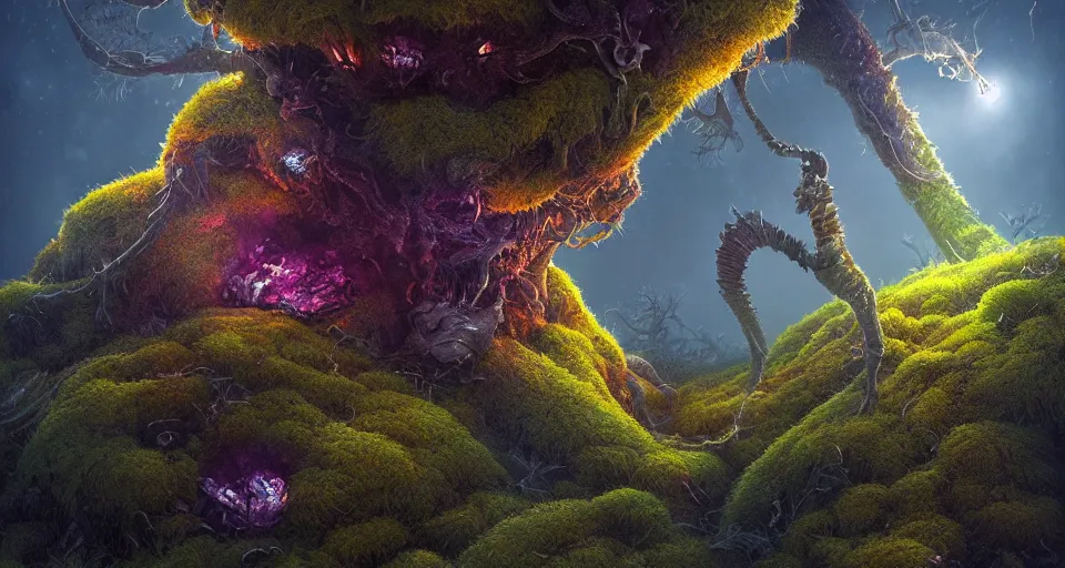 Image similar to a beautiful macro photography of moss with alien fungus, hyperdetailed, warm volumetric lights, made by gerald brom and mike winkelmann