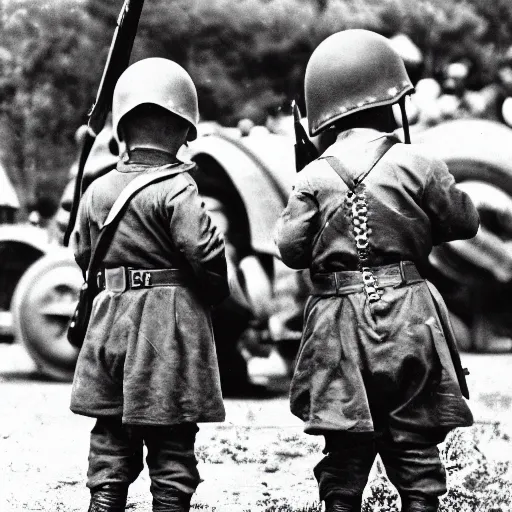 Image similar to Babies going to war, WW2 photography, very patriotic, white and black photography, 8k