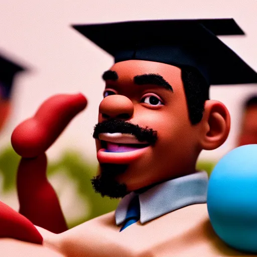 Image similar to a cinematic film still of a claymation stop motion film starring chance the rapper as a college student, shallow depth of field, 8 0 mm, f 1. 8