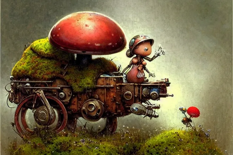 Image similar to adventurer ( ( ( ( ( 1 9 5 0 s retro future robot android fat mouse house wagon mushrooms, flowers, moss. muted colors. ) ) ) ) ) by jean baptiste monge!!!!!!!!!!!!!!!!!!!!!!!!! chrome red