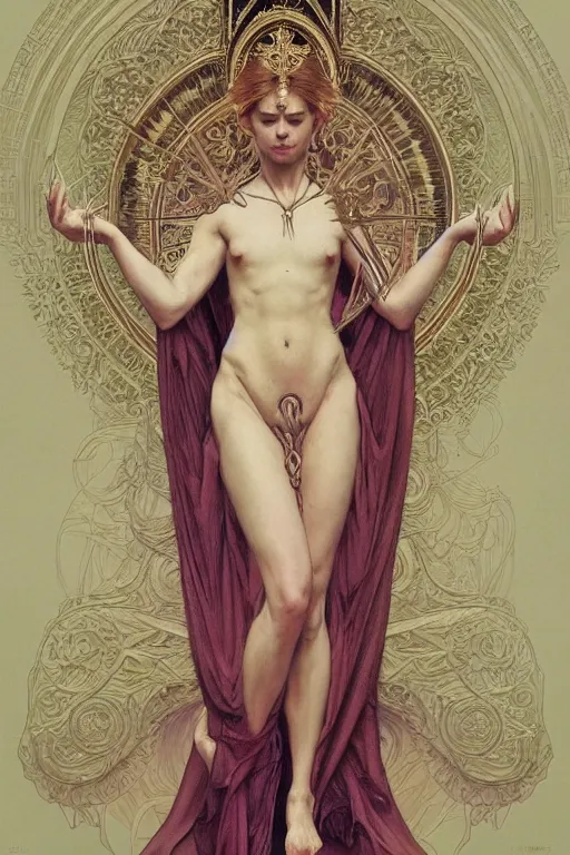 Image similar to a full body portrait of a beautiful ethereal delicate mage queen meditative sacral pose catholic stages of the cross, intricate, elegant, highly detailed, digital painting, artstation, concept art, smooth, sharp focus, illustration, art by krenz cushart and artem demura and alphonse mucha