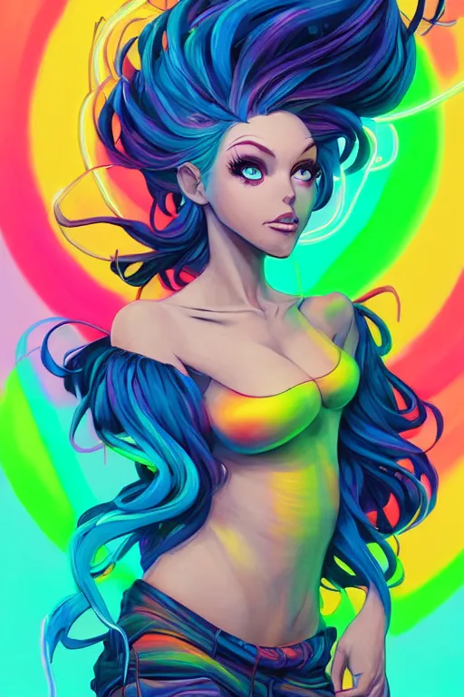 Image similar to a award winning full body portrait of a beautiful woman with stunning eyes in a one off shoulder croptop and cargo pants with rainbow colored hair, outlined by whirling illuminated neon lines and fine lines swirling in circles by jesper ejsing and rhads and makoto and shinkai and lois van baarle, digital art, trending on artstation