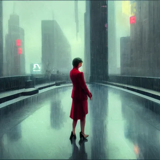 Image similar to detailed portrait of a woman, moment, cyberpunk observation deck, electronic billboards, tech noir, wet reflections, atmospheric, ambient, livia prima, greg rutkowski, edward hopper, pj crook