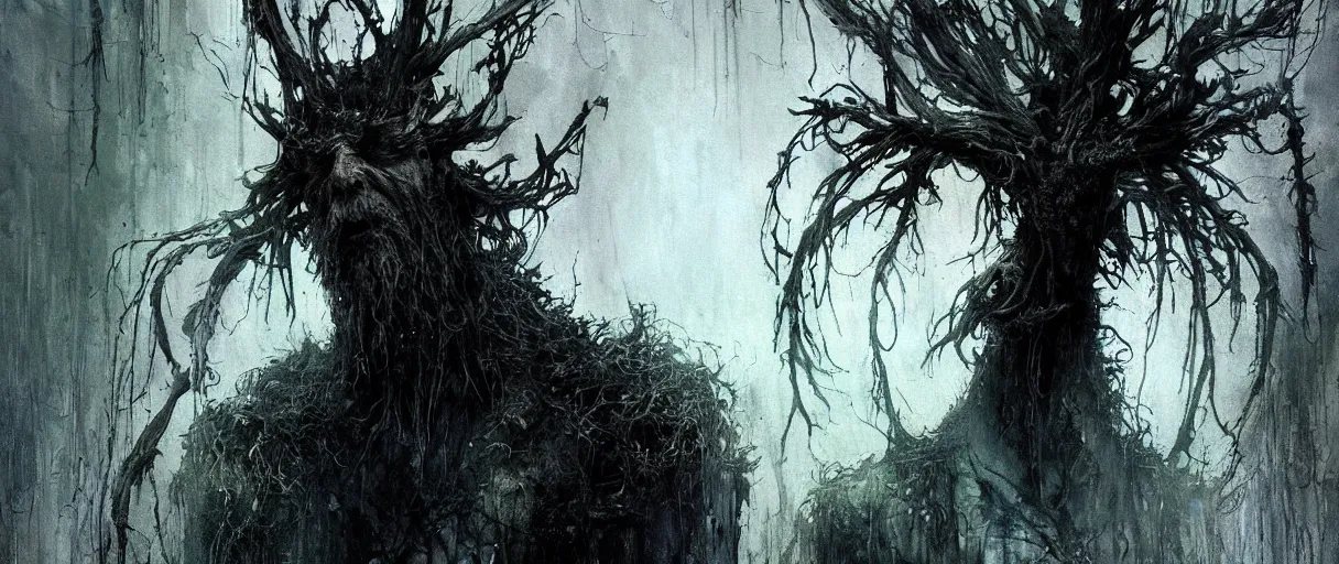 Image similar to concept art of treebeard from lord of the rings by emil melmoth zdzislaw beksinki craig mullins yoji shinkawa realistic render ominous detailed photo atmospheric by jeremy mann francis bacon and agnes cecile ink drips paint smears digital glitches glitchart