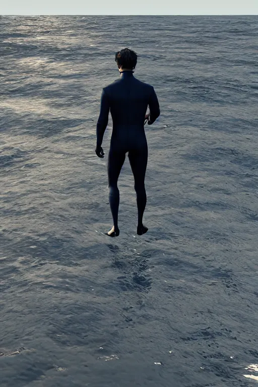 Image similar to Cillian Murphy wearing a old dive suit, walking out the ocean, dramatic, realistic, 8k, 4k, unreal engine