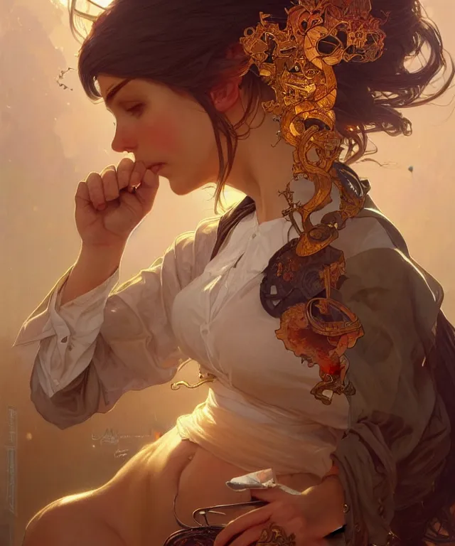 Image similar to Your boss is unhappy with your work, you are really sorry, fantasy, intricate, highly detailed, digital painting, artstation, concept art, smooth, sharp focus, illustration, art by artgerm and greg rutkowski and alphonse mucha