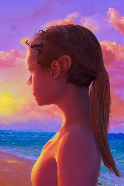 Image similar to closeup, giant frangipani head, girl on beach, surreal photography, golden hour, colorful clouds, impressionist painting, digital painting, artstation, simon stalenhag