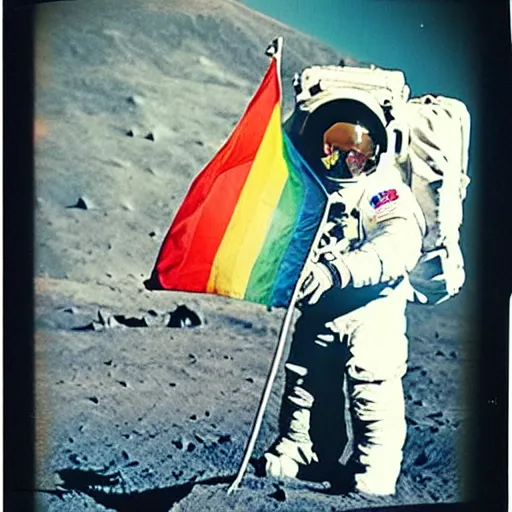 Image similar to astronaut with the lgbt flag on the moon, polaroid photo, perfect photo, photo pinterest