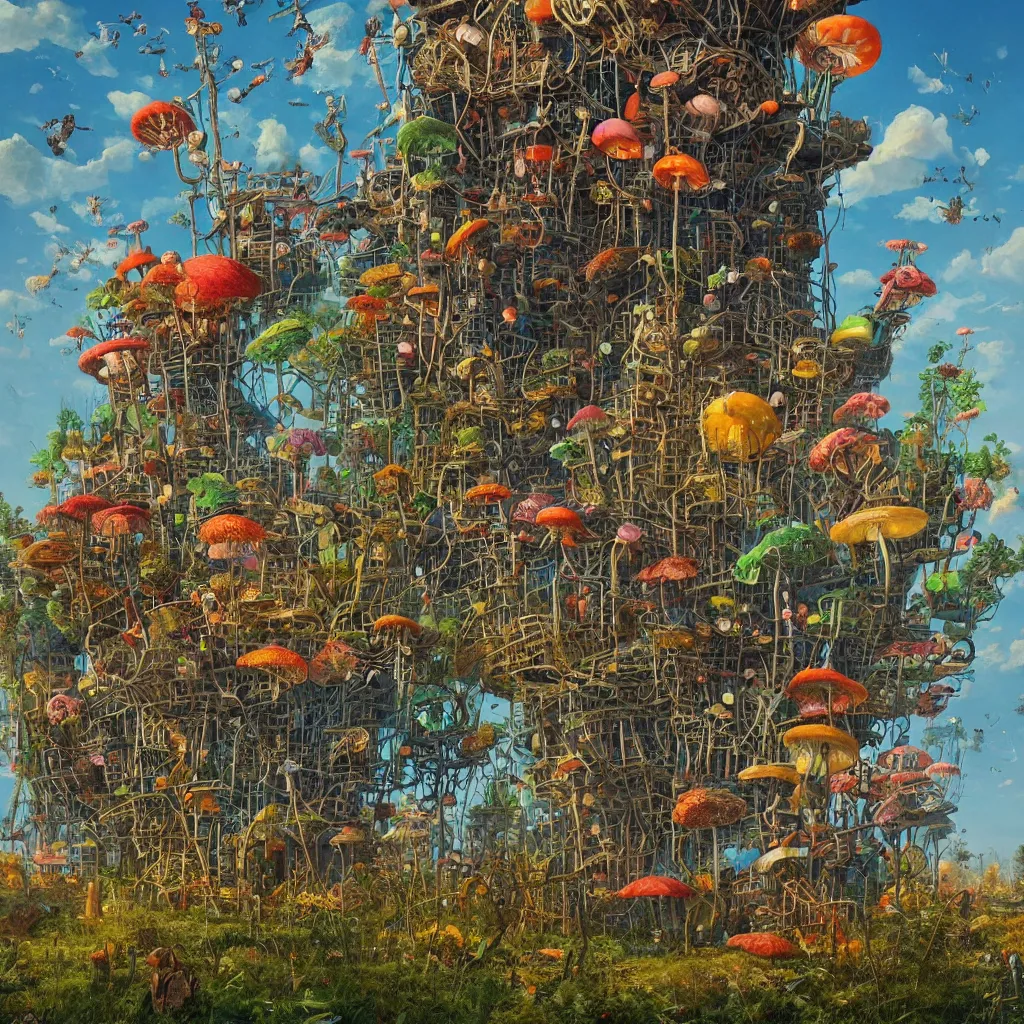 Prompt: a single! colorful!! fungus tower clear empty sky, a high contrast!! ultradetailed photorealistic painting by simon stalenhag and maria sibylla merian, hard lighting, masterpiece