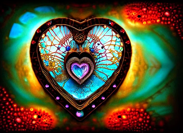 Prompt: steampunk shyny pearled centered symmetrical heart with multicolored gems, jellyfish, glass, ice. by casey baugh, by rembrandt, mandelbulb 3 d, turquoise rust, stained glass, unreal engine, volumetric lightning