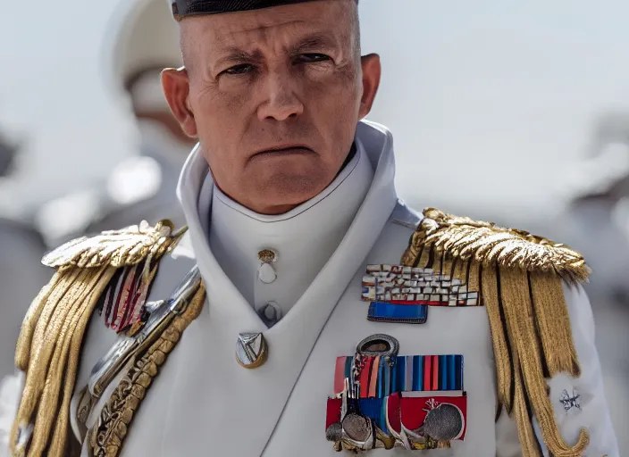 Prompt: proud general wearing a white imperial general uniform, hist arms are behind his back, ultra realistic, 4 k, movie still, uhd, sharp, detailed, cinematic, render, modern