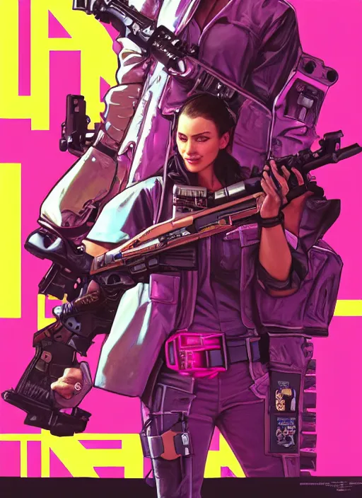 Image similar to cyberpunk female police trooper wearing pink jumpsuit and pointing a yellow belt fed pistol. advertisement for pistol. cyberpunk ad poster by james gurney, azamat khairov, and alphonso mucha. artstationhq. painting with vivid color, cell shading. buy now! ( rb 6 s, cyberpunk 2 0 7 7 )