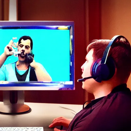 Image similar to obese Freddie Mercury wearing a headset yelling at his monitor while playing WoW highly detailed wide angle lens 10:9 aspect ration award winning photography by David Lynch esoteric erasure head