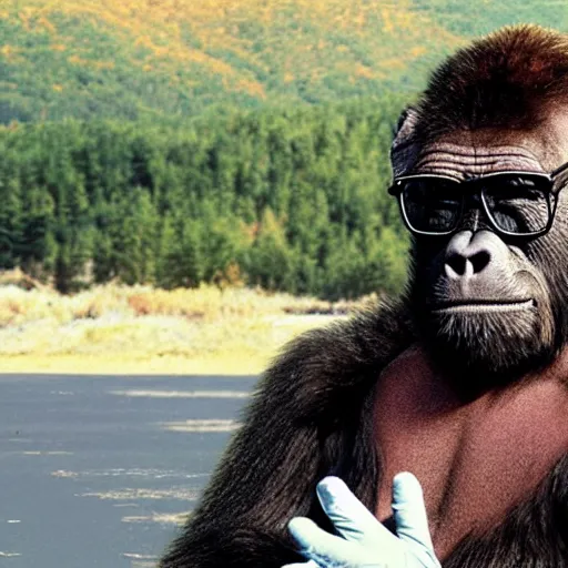 Prompt: A realistic photo of Walter White wearing a gorilla suit in New Hampshire