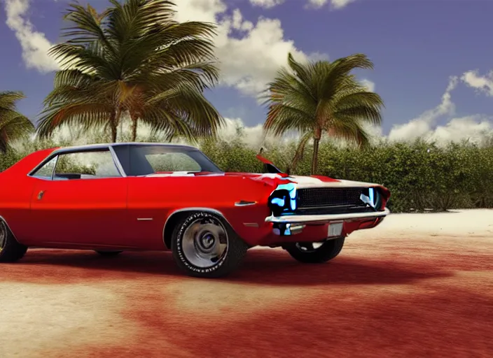 Image similar to hyperrealism, detailed textures, photorealistic 3 d render, a dreamy beach in cuba, a 1 9 6 9 hemi cuda with cherry red colour scheme, sharp focus, ultra realistic, ultra high pixel detail, cinematic, intricate, cinematic light, concept art, illustration, art station, unreal engine 8 k