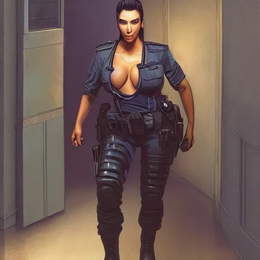 Image similar to kim kardashian as a cop, police uniform, full body view, full pov, haunted house interior, pretty, aesthetic, dust molecules, matte detailed photo, DeviantArt, Artstation, by donato giancola, ralph horley, loish, cinematic lighting