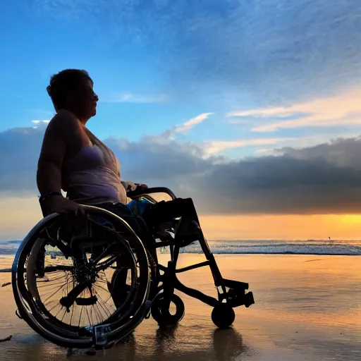 Prompt: quadriplegic on the beach, golden hour