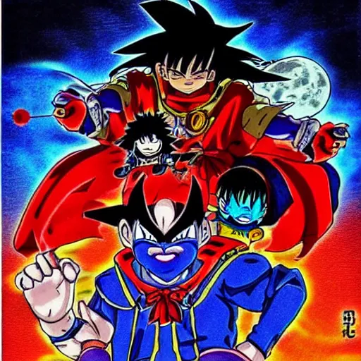 Image similar to it's an anime drawing by akira toriyama, it depicts characters from one of his manga series. the central figure is a blue demon, his arm raised, ready to fight. the background is black, there is a red moon in the sky, which is slightly demonic. the effect is rather sinister.