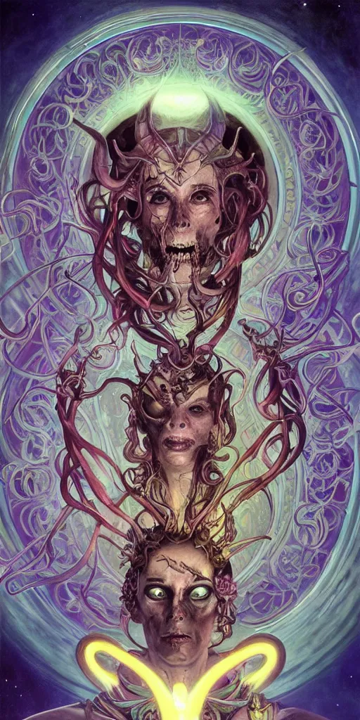 Image similar to intense glowing angry pagan god with horns and tentacles and intense glowing eyes and a skull in very dark cosmic space by karol bak and artgerm and alphonse mucha, portrait, fantasy, clear, light beams, lens flare, intense, uhd, amazing depth, cinematic lighting, purple and teal and indigo and cyan