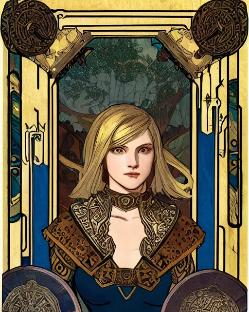 Image similar to young paladin woman, short blonde hair, plate chest armour, symmetrical portrait RPG avatar, by Mucha, intricate, 8k,