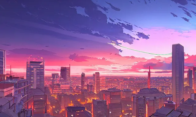 Prompt: Overlooking a modern city, sunset, by Makoto Shinkai, super wide angle