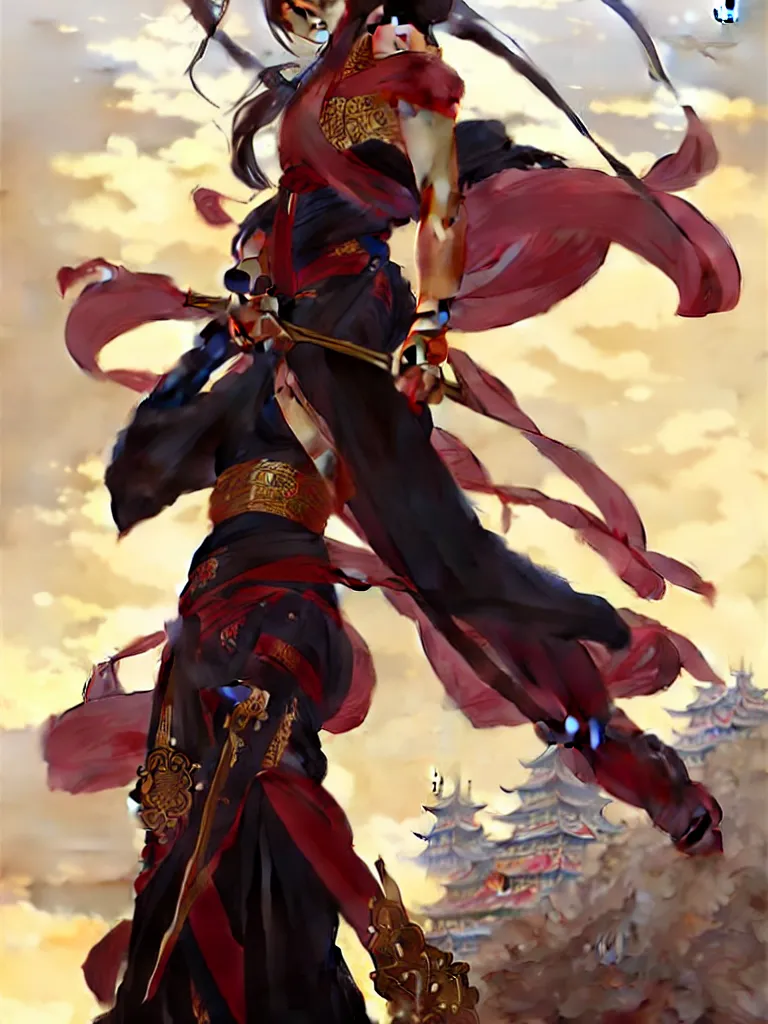 Image similar to 'Hu Tao' character in liyue harbor, Genshin Impact, fantasy, anime, manga, game art, concept art, digital painting, art by artgerm and greg rutkowski and alphonse mucha