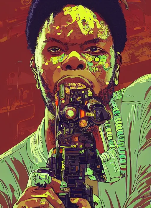 Image similar to chidi igwe. cyberpunk mercenary portrait illustration, pop art, splash painting, art by geof darrow, ashley wood, alphonse mucha, makoto shinkai