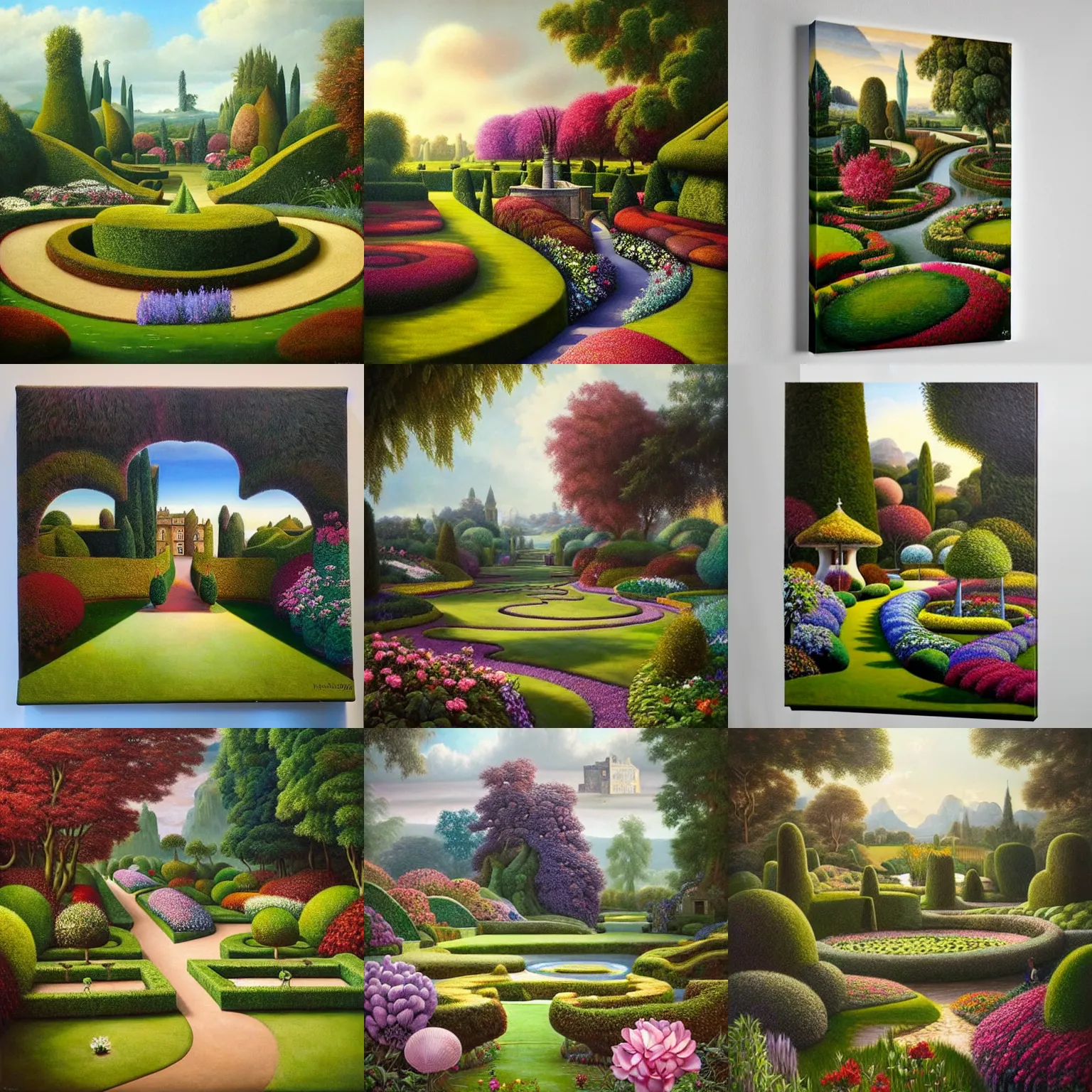 Prompt: a gorgeous, fantastic, magic garden landscape by michael kidd, surrealism, lancelot capability brown, trending on artstation, artgerm, acrylic on canvas, muted colors, darker,!! low contrast!!