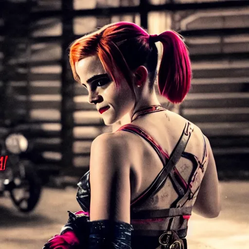 Prompt: Emma Watson as Harley Quinn, cinematic, Wide-shot, atmospheric lighting, directed by Quentin Tarantino, movie still