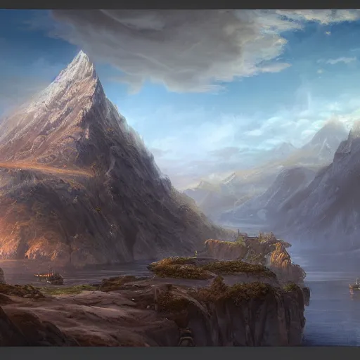 Prompt: a painting of a mountain with a castle on top of it, a detailed matte painting by William Didier-Pouget, cgsociety, fantasy art, matte painting, apocalypse landscape, unreal engine 5