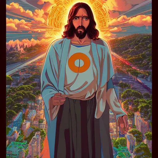 Prompt: the second coming of suppy side jesus by dan mumford, yusuke murata, makoto shinkai, ross tran, cosmic, heavenly, god rays, intricate detail, cinematic, 8 k, cel shaded, unreal engine, featured on artstation, pixiv